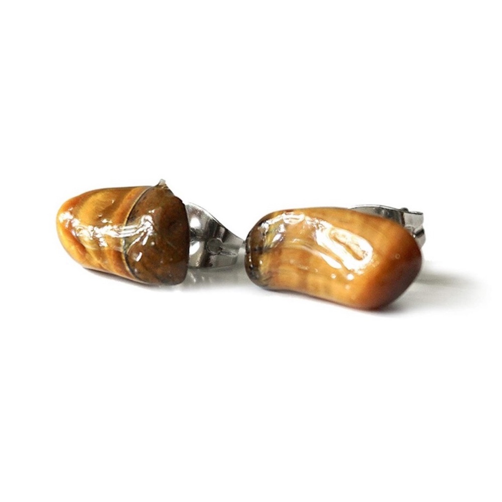 New Handmade Raw Natural Tumbled Tiger Eye 925 Sterling Silver Stud Earrings - Picture 12 of 12